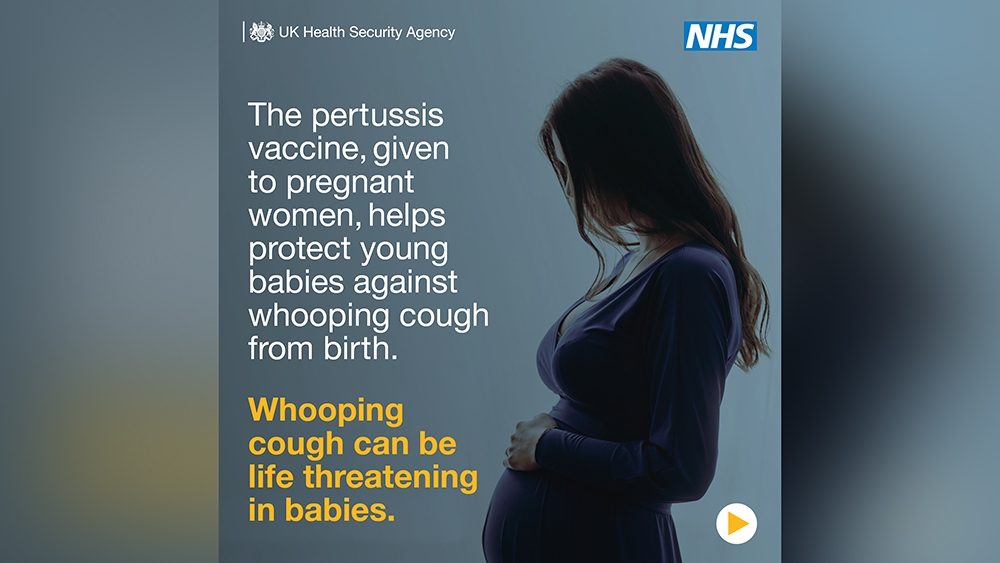 A pregnant woman holding her belly, captioned: 'whooping cough can be life threatening in babies'.