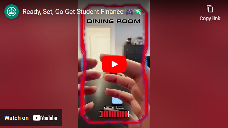 YouTube video thumbnail of a woman's hands holding the outline of a smartphone in augmented reality, captioned: 'Ready, Set, Go Get Student Finance'.