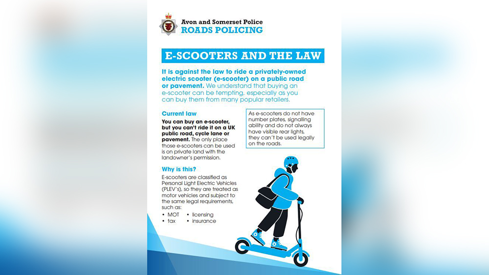 Avon and Somerset poster featuring a cartoon figure riding an e-scooter, captioned: 'E-scooters and the law'.