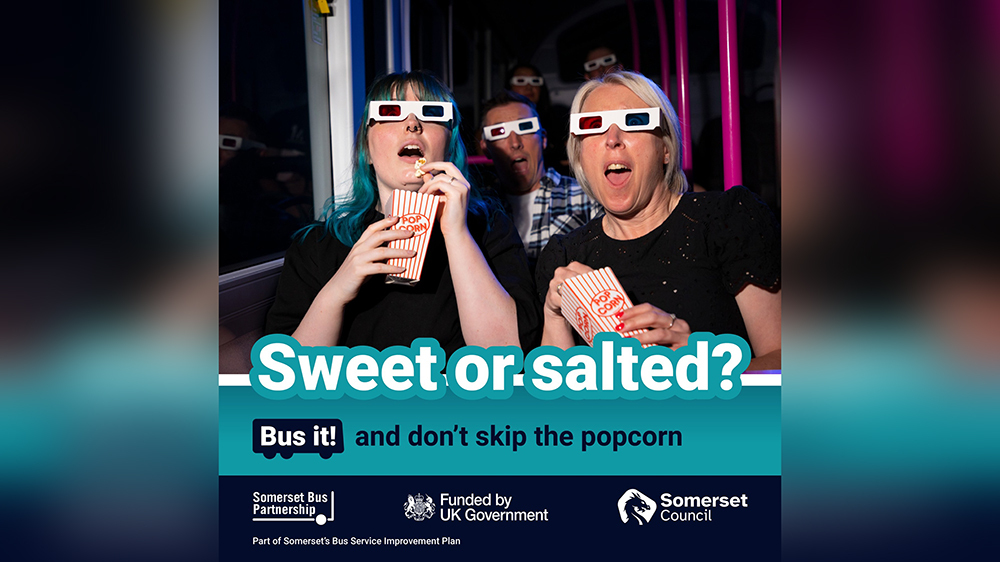 A man and 2 women wearing 3D specs and eating popcorn in a cinema, captioned: 'Sweet or salted?'