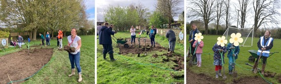 members of Yeovil community rivers trust and Tintinhill primary school prepare area for new wildflower meadow