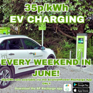 Banner advertising 35p per kilowatt for electric vehicle charging at all council car parks in south somerset every weekend in June
