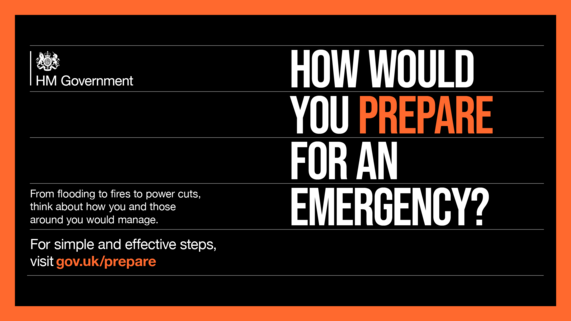 Black and orange social graphic by the Cabinet Office, captioned: 'How would you prepare for an emergency?'