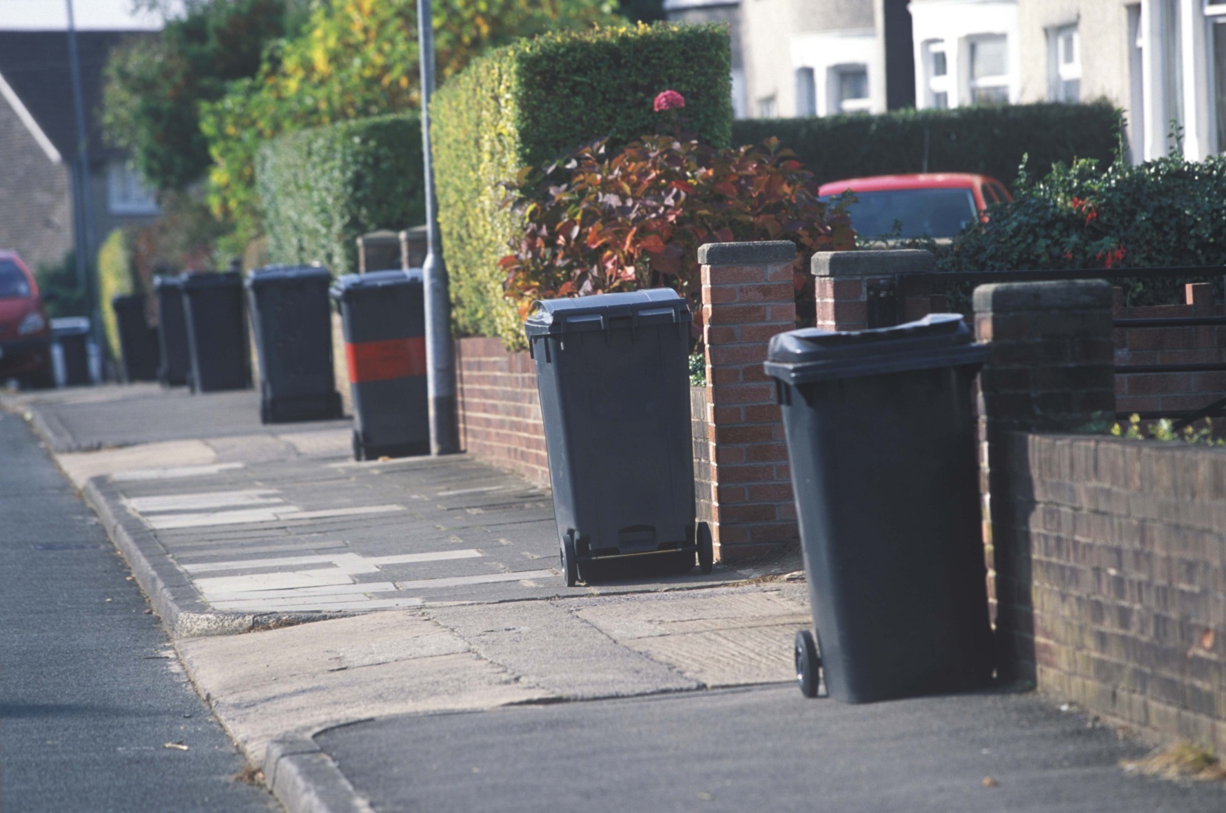 Wheelie bins for rubbish lined along a street