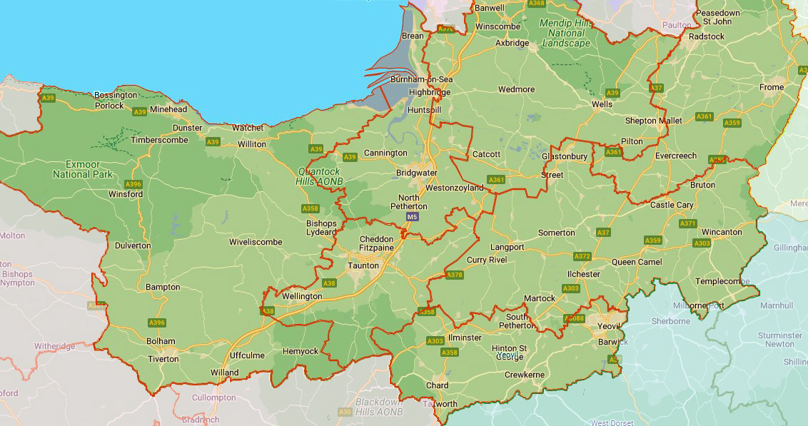 Map of the 7 Parliamentary constituencies in Somerset.