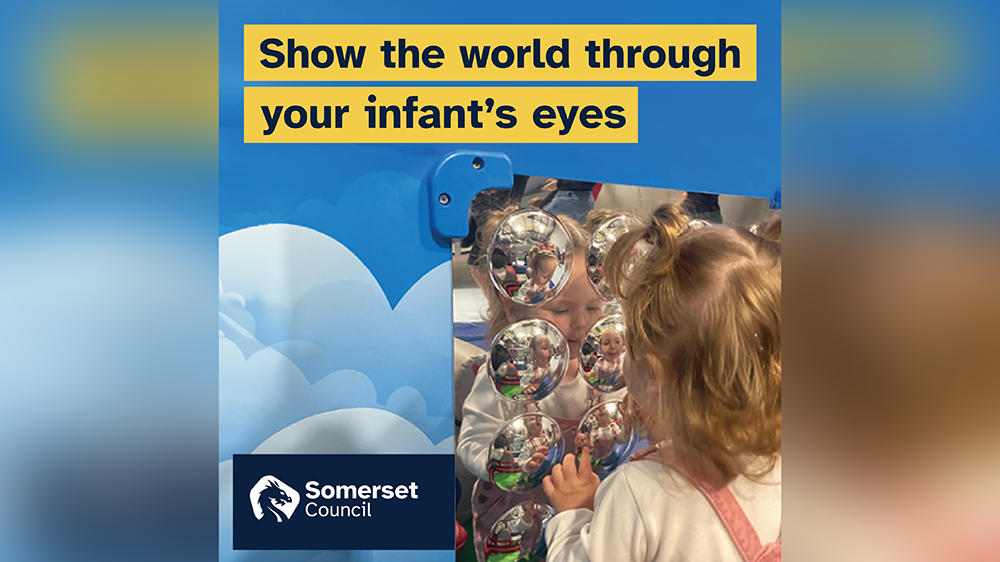 1x1 social graphic featuring a toddler looking at herself through a textured mirror, captioned: 'Show the world through your infant's eyes'.