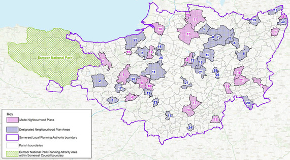 Map of Somerset outlining Made and Designated Neighbourhood Plan areas.