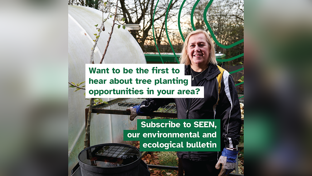 A woman wearing gardening gloves at a nursery, captioned: 'Want to be the first to hear about tree planting opportunities in your area?'.