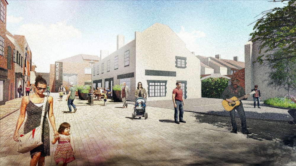 Artist's impression of the completed Celebration Mile, featuring shoppers, families and buskers.