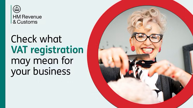 HMRC graphic featuring a female business owner grooming one of her client dogs, captioned: 'Check what VAT registration may mean for your business'.