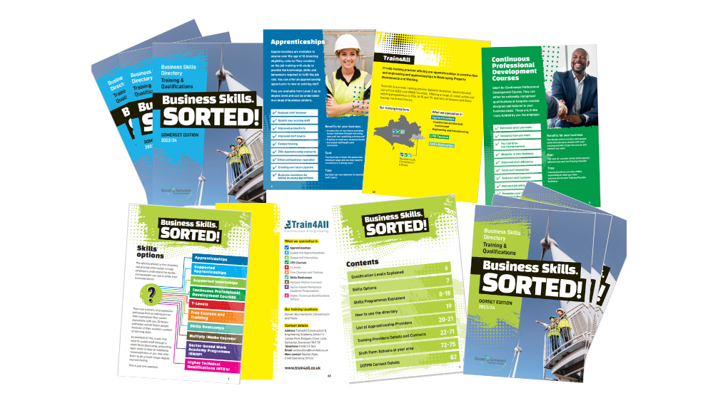 Collage of pages from the 'Business Skills SORTED!' magazine.