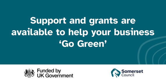 Teal social graphic with Somerset Council and UK Govt. funded logos, captioned: "Support grants are available to help your business 'Go Green'".