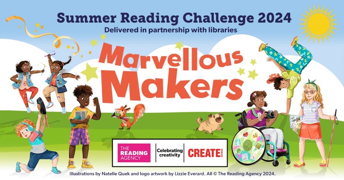 Summer Reading Challenge 2024 artwork featuring cartoon children playing on sunny grass and partner logos, captioned: 'Marvellous Makers'.