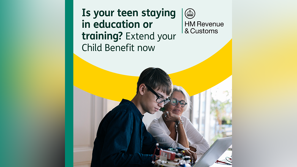 HMRC social graphic of a student boy sat using a laptop with his mother at a table, captioned: 'Is your teen staying in education of training?'