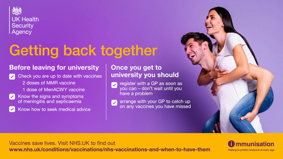 UKHSA Twitter graphic of a male student giving a piggy-back to his student girlfriend whilst laughing together, captioned: 'Getting back together'.