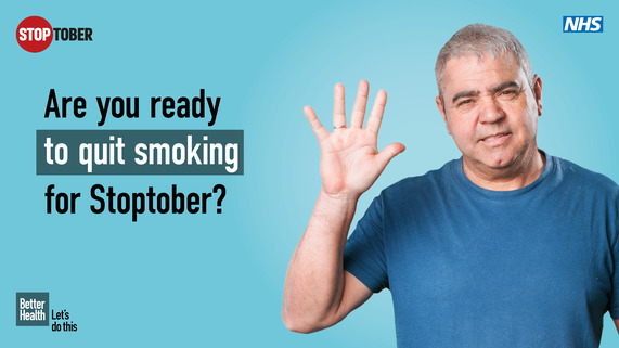 NHS' Better Health Let’s do this 16:9 social graphic featuring a man holding his hand, captioned: ‘Are you ready to quit smoking for Stoptober?’