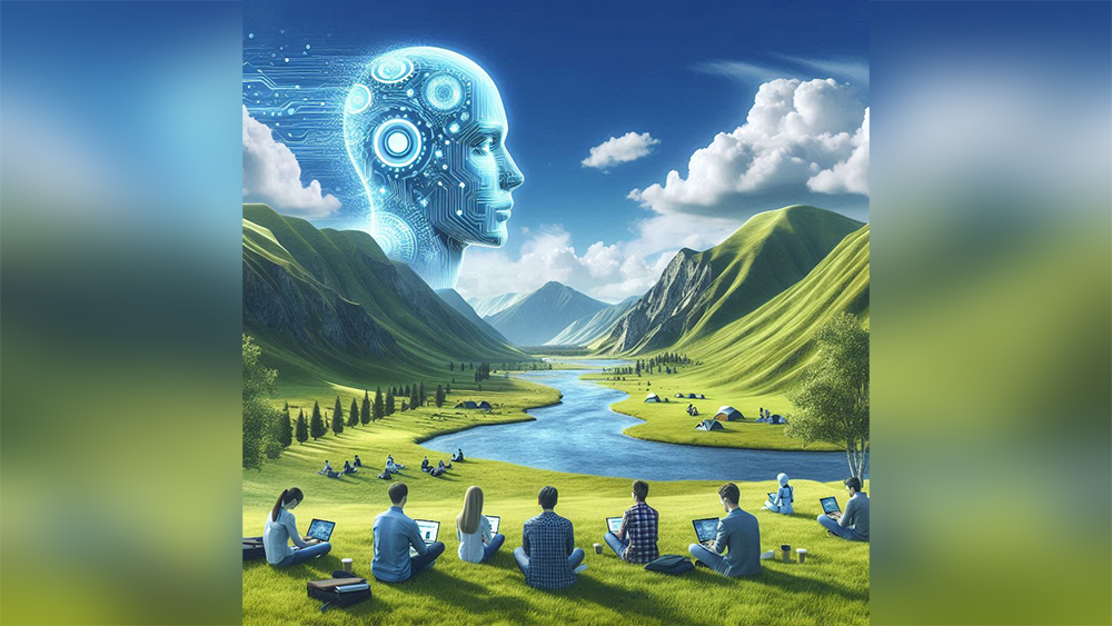 AI generated image featuring employees working on laptops sitting on grass in front of a mountainous landscape with a digital head rising above.