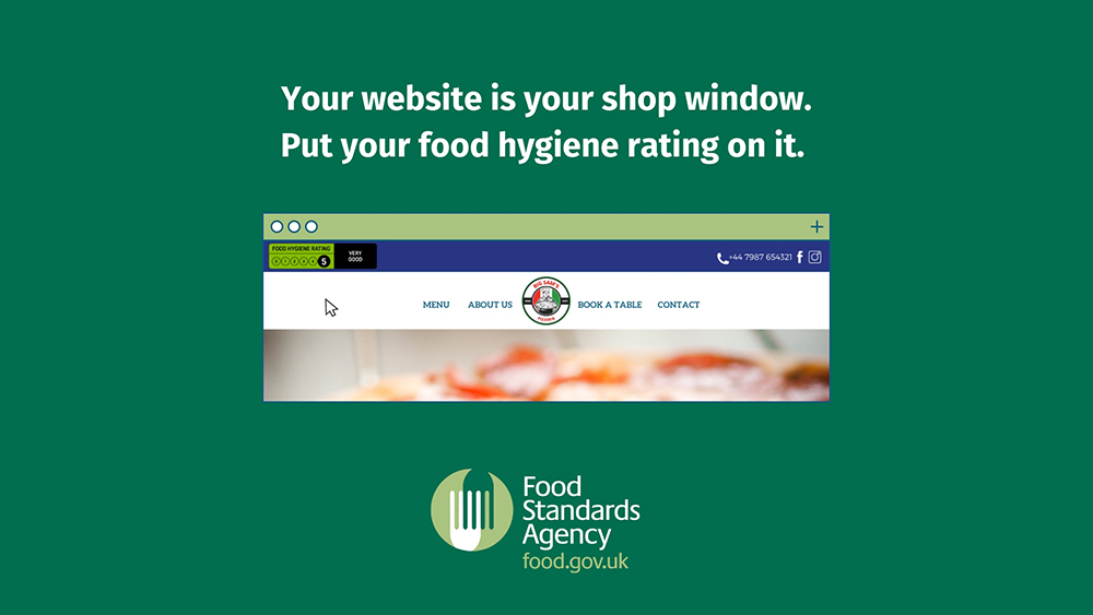 FSA social graphic featuring a pizza takeaway's homepage, captioned: "Your website is your shop window. Put your food hygiene rating on it."