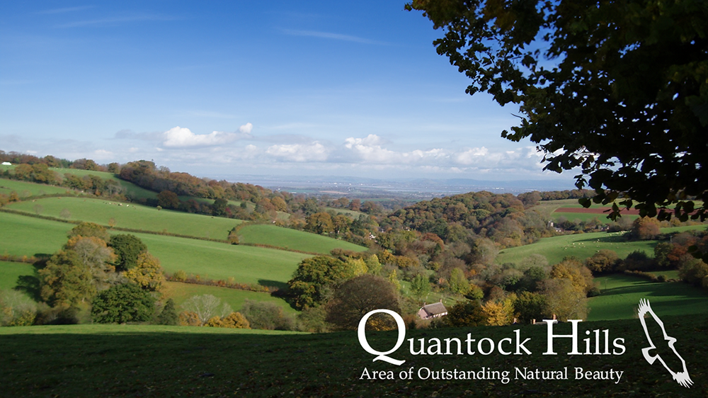 Landscape of the Quantock Hills Area of Outstanding Natural Beauty, including its logo.