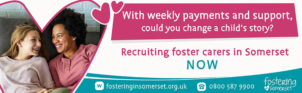 Email banner featuring a mixed race foster mother sat on a sofa with her foster daughter, captioned: 'Recruiting foster carers in Somerset NOW'.
