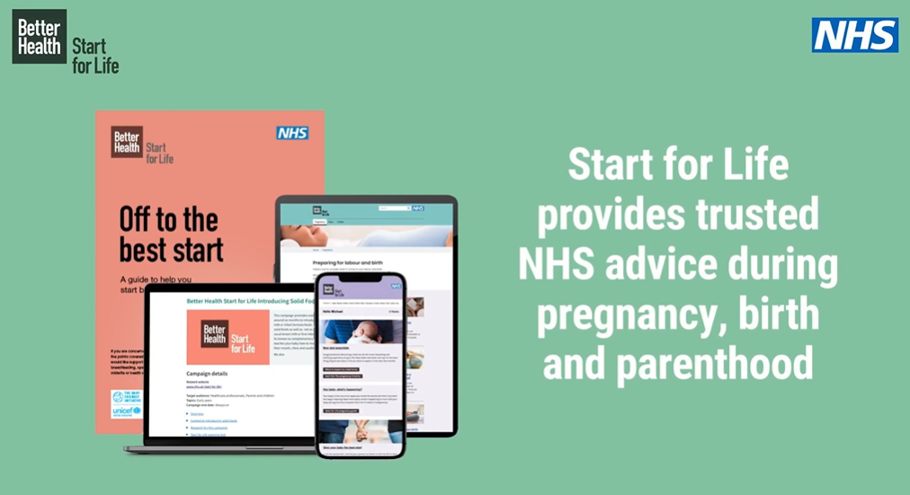 Device screens displaying NHS' Start for Life emails, captioned: 'Start for life provides trusted NHS advice during pregnancy, birth and parenthood'.