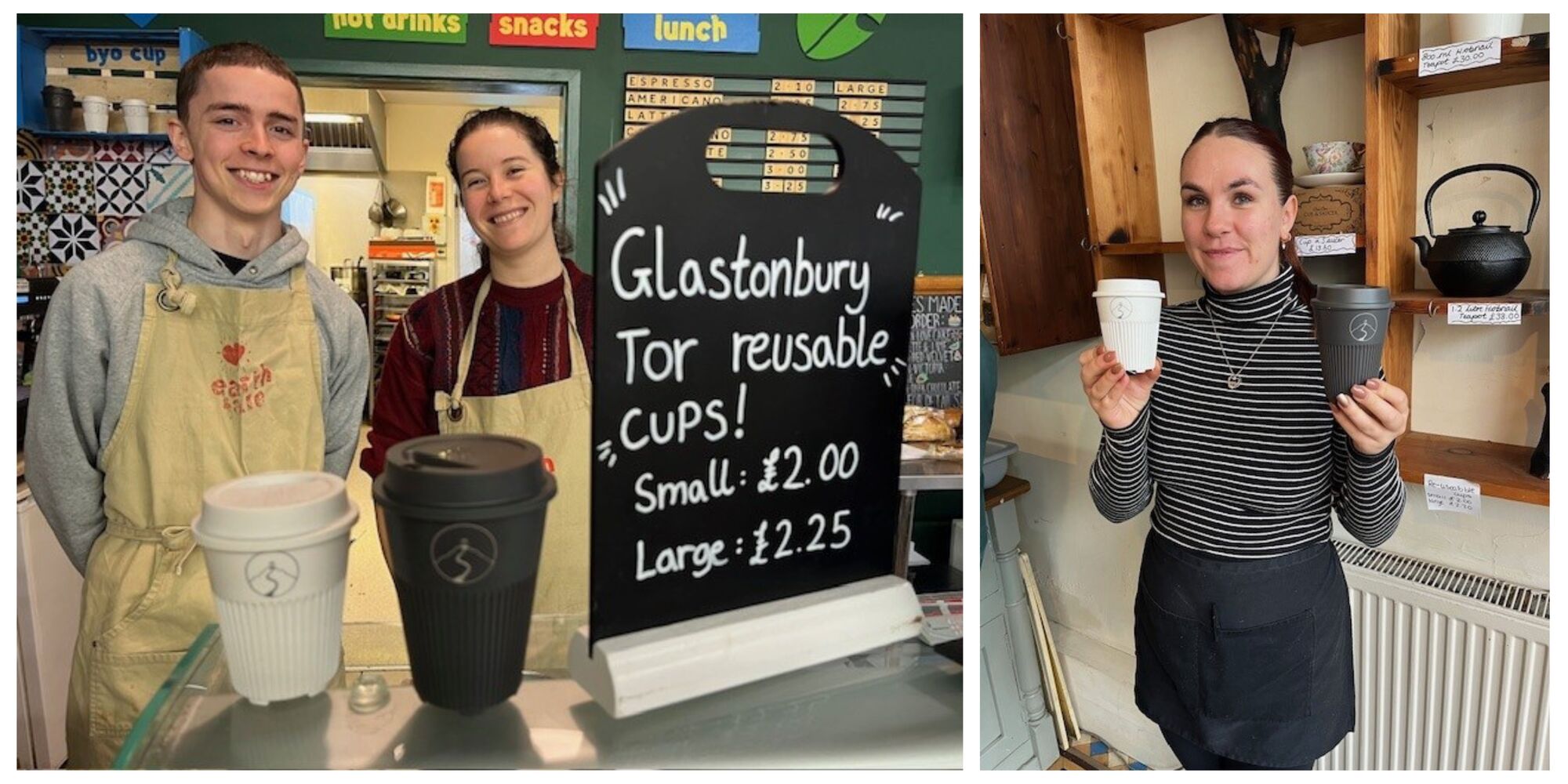 Staff from Earthfare and 100 Monkeys in Glastonbury promting th Glastonbury tor reusable cup