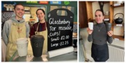 Staff at a Glastonbury cafe promoting the reusable cups that feature the famous Tor hill