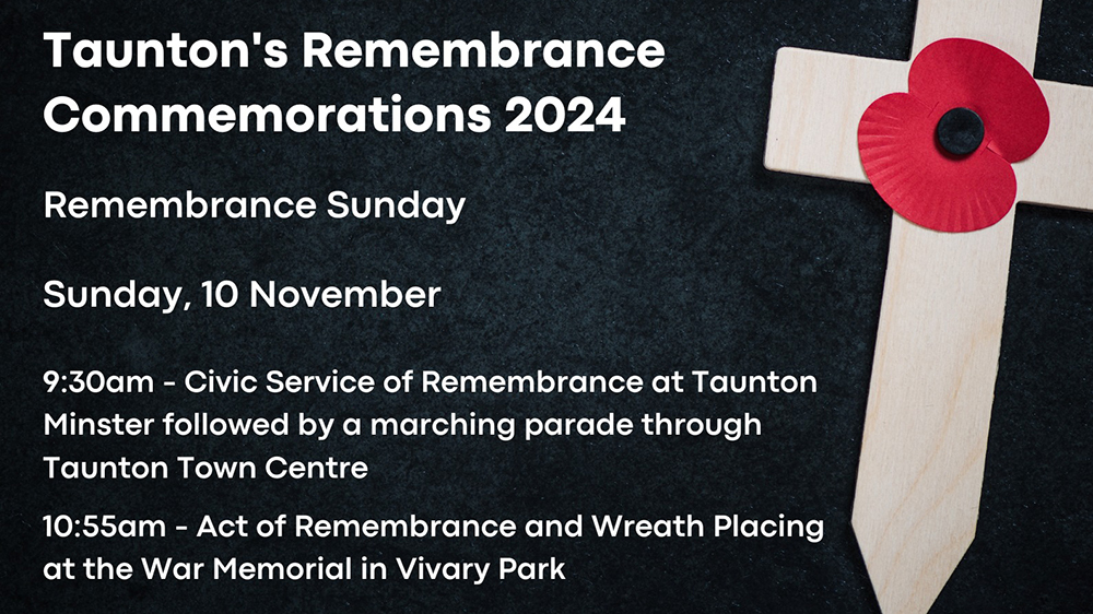 Taunton Town Council graphic featuring a poppy cross, captioned: 'Taunton's Remembrance Commemorations 2024'.