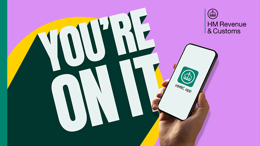HMRC pop art graphic featuring a hand holding a smartphone displaying the HMRC app, captioned: 'You're on it'.