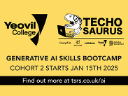 Yeovil College black and yellow graphic featuring partner logos and a T-Rex on a laptop, captioned: Generative AI Skills Bootcamp'.