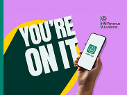 4x3 HMRC pop art graphic featuring a hand holding a smartphone displaying the HMRC app, captioned: 'You're on it'.