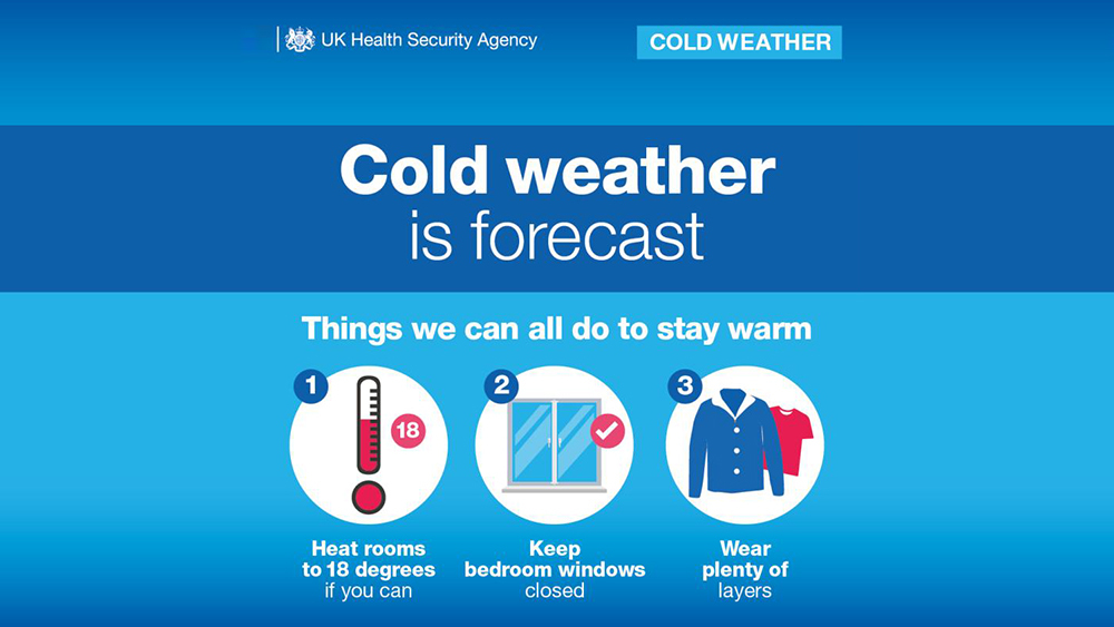 UKHSA graphic featuring a thermometer at 18oC, a closed double window, jacket and t-shirt, captioned: 'Cold weather is forecast'.