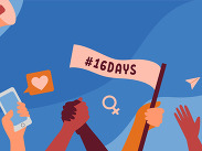 Colour block graphic of female hands in the air, waving, holding a phone and a flag captioned: '#16 Days'.