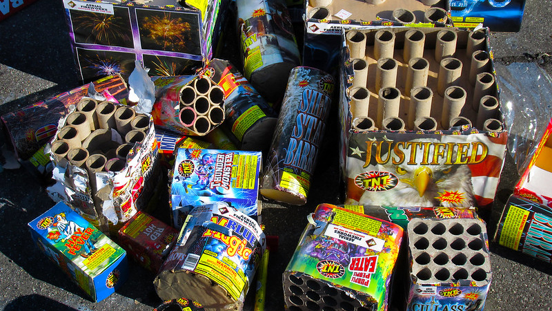 An assortment of pre-packaged fireworks.
