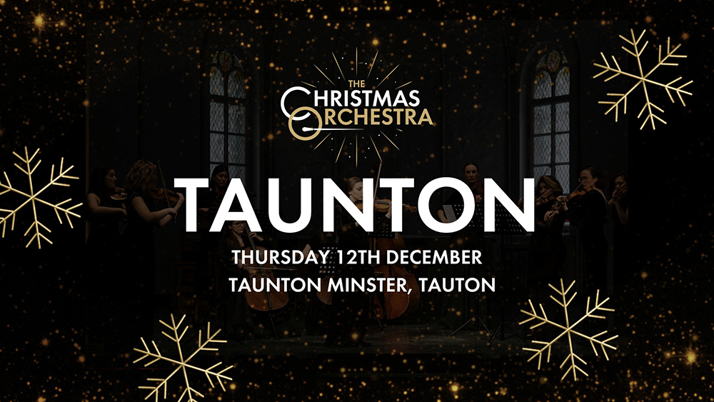 16x9 social graphic featuring an orchestra, Christmas stars and icicle pictograms, captioned: 'The Christmas orchestra, Taunton'.