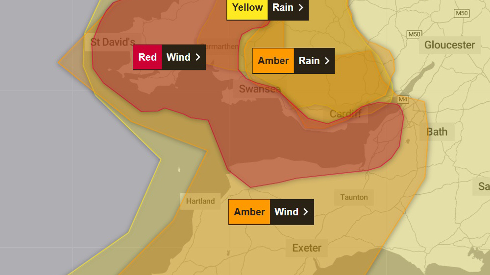 MET Office map of the South West depicting a RED weather warning.