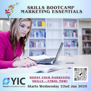 1x1 graphic featuring a women working on a laptop and Yeovil Innovation Centre logo, captioned: 'Skills Bootcamp Marketing Essentials'.