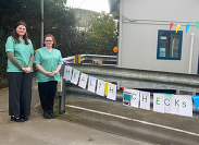 Two Somerset Council Public Health team members standing outside a business with bunting captioned: 'Health checks'.