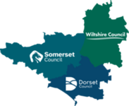 Map of county boundaries for Dorset, Somerset and Wiltshire on blue, teal and green background colours complete with each council's logo.