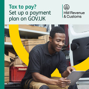HMRC graphic featuring a black workman looking at a tablet whilst sat on end of a van, captioned: 'Tax to pay? Set up a payment plan on GOV.UK'.