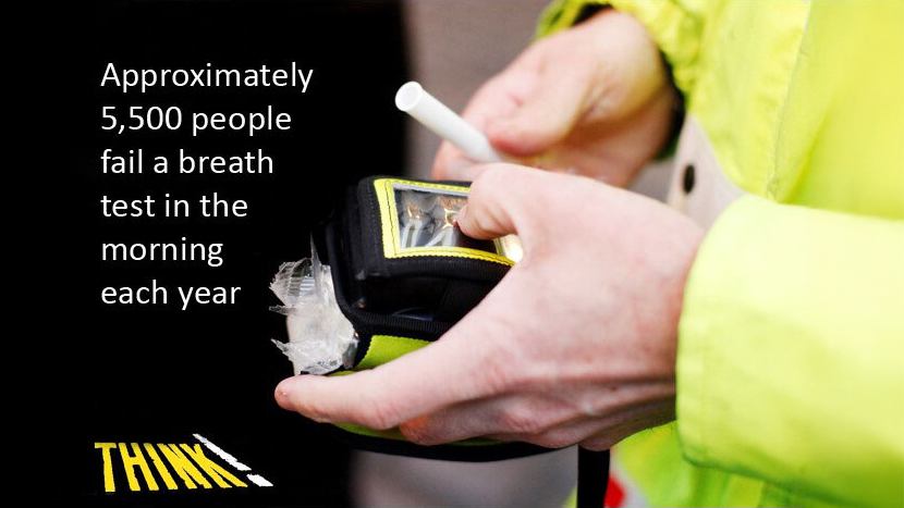 THINK! road safety advert of a police officer holding a breathalyser, captioned: Approx 5.5k people fail a breath test in the morning each year'.