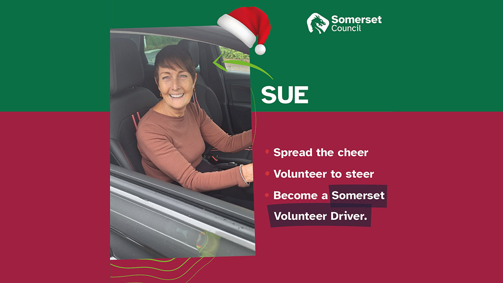 16x9 Somerset Council branded graphic featuring volunteer driver, Sue, at the wheel of her car.