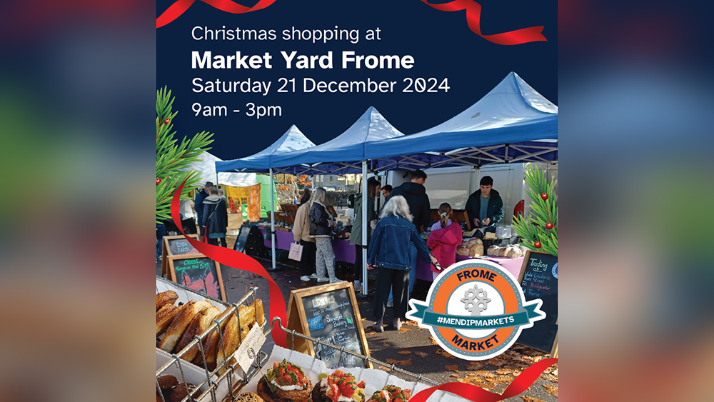 Stalls at Market Yard Frome, captioned: 'Christmas shopping, Saturday 21 December 2024, 9am - 3pm'.
