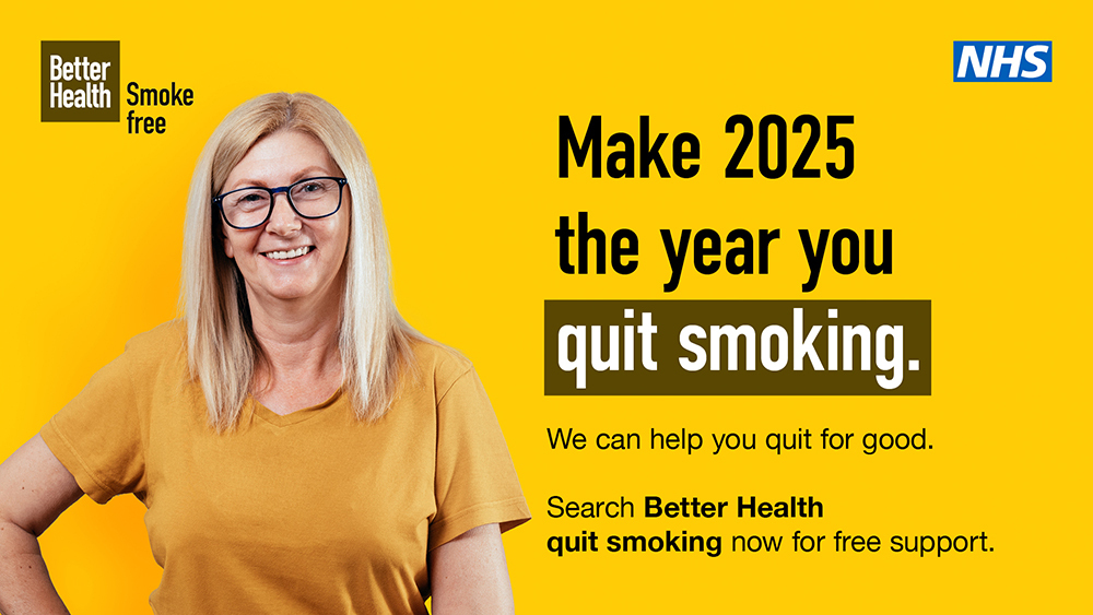 NHS Better Health branded graphic featuring a blond woman smiling wearing glasses, captioned: 'Make 2025 the year you quit smoking'.