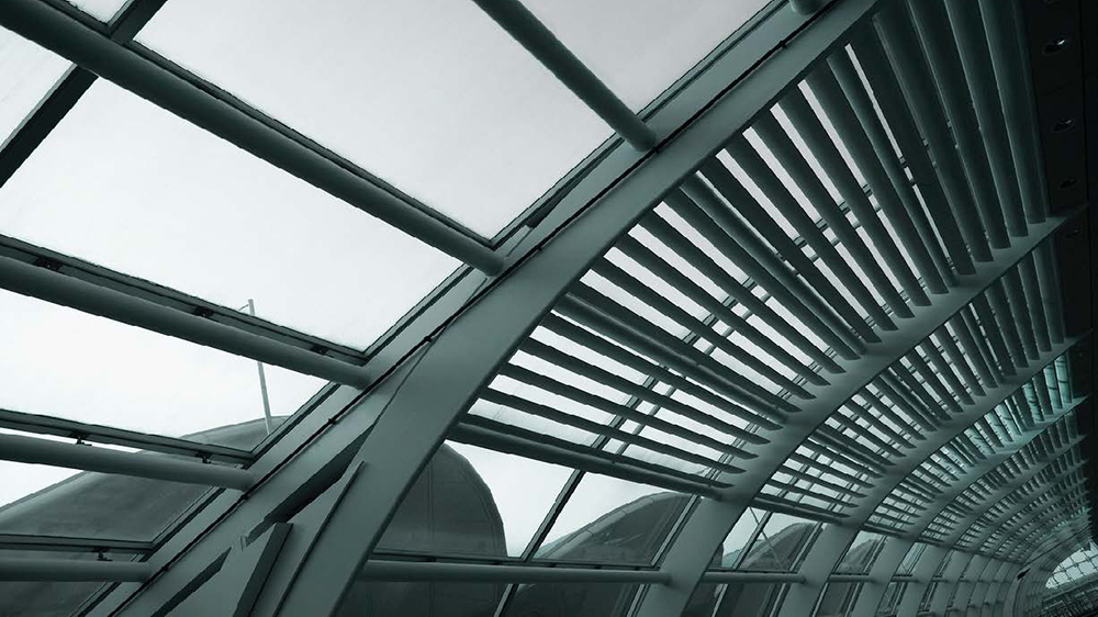 Interior roof windows of a corporate building.