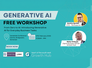 HotSW Growth Hub advert feat. Scott Quilter (Techosaurus) & Growth Hub Digi Biz Adviser Peter Doyle, captioned: 'Generative AI. FREE workshop.'
