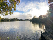 Landscape of Chard Reservoir, featruing water and trees.