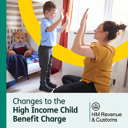 HMRC-branded graphic featuring a young boy high-fiving with his mother, captioned: 'Changes to the High Income Child Benefit Charge'.