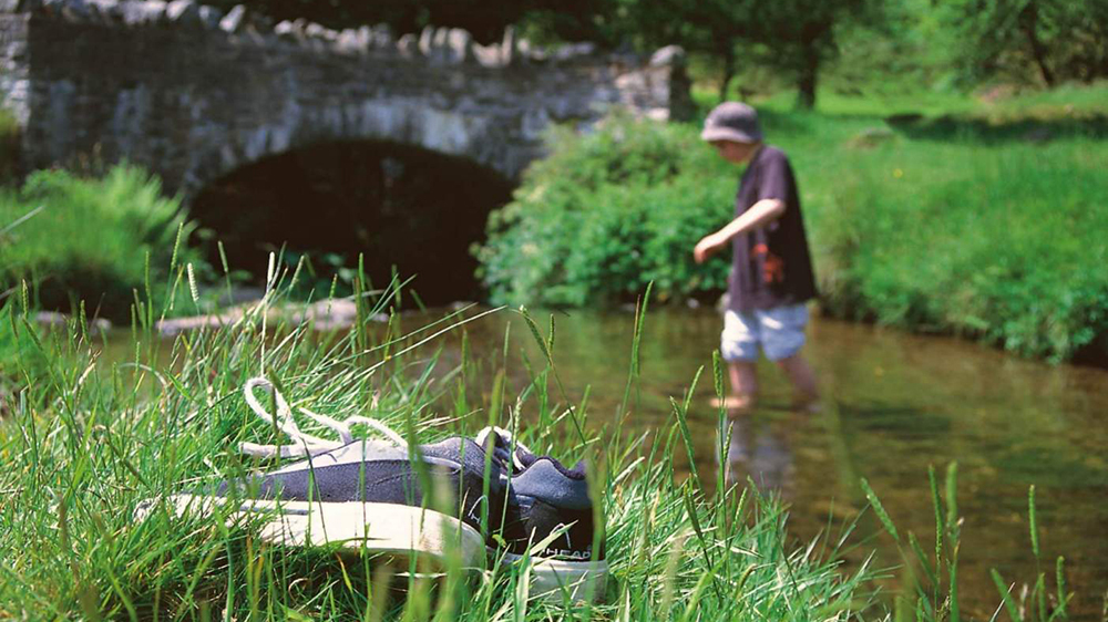 A young person paddling in river on a sunny day.