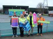 MetalMatters partners holding a bag, recycling & signs; L-R: Tom Giddings (Alupro), Nicola Jones (Tata Steel), Cllr Wilkins and Mathew Canning (SUEZ).